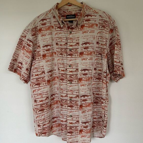 Vintage Woolrich Short Sleeve Button Down Fishing Lures Tan Rust Shirt Size L - Picture 11 of 11